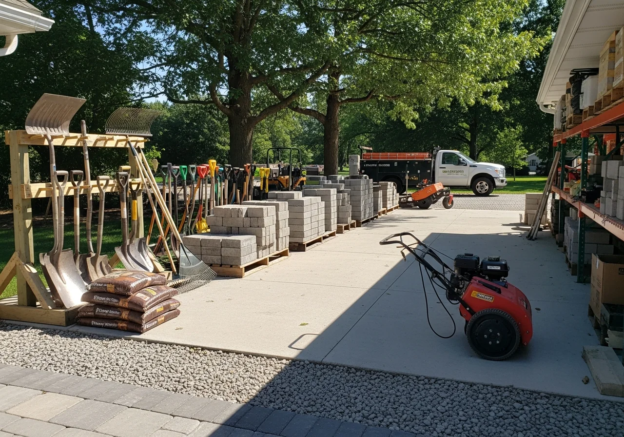 Professional landscaping crew with tools and equipment ready for lawn maintenance and hardscape installation work.