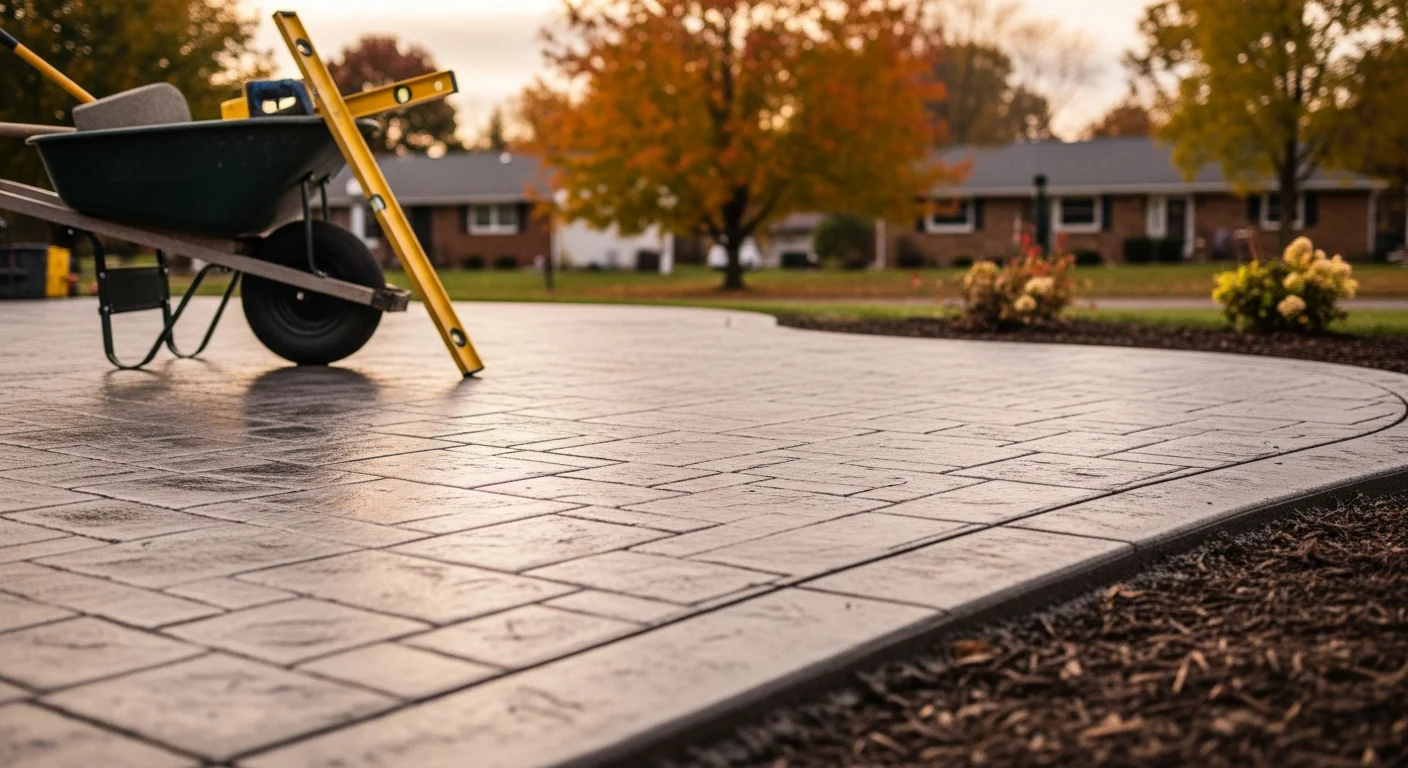 Paver patio and walkway installation at a residential property in Grove City, Ohio using concrete pavers and natural stone