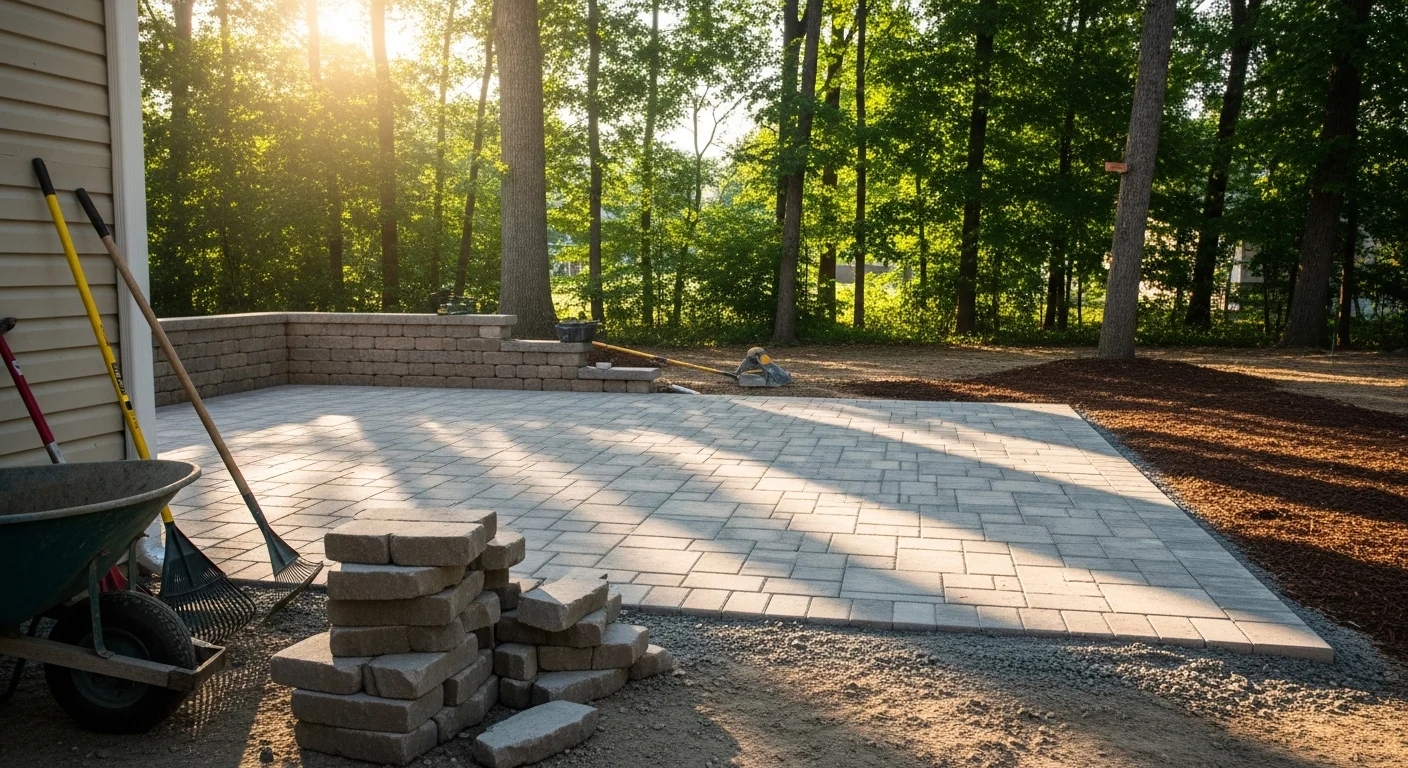 Professional landscape installation with paver patio and retaining wall at a Grove City, Ohio residential property
