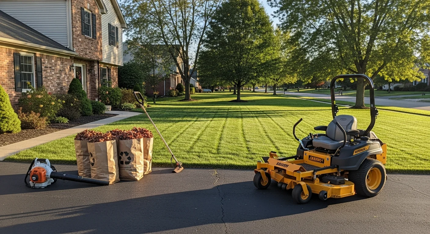 Lawn mowing and edging service at a residential property in Grove City, Ohio