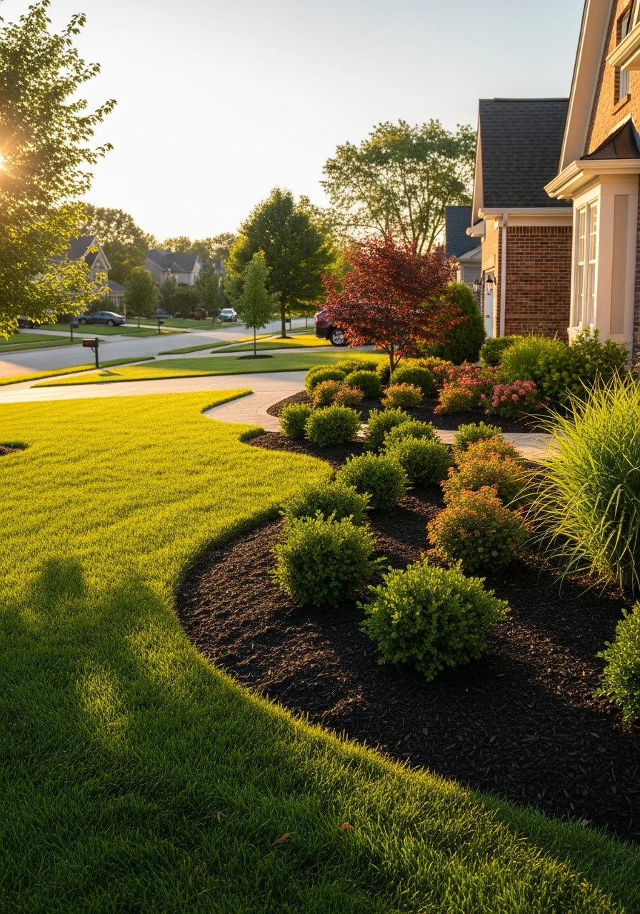 Residential landscaping and lawn care in Dublin, Ohio with manicured turf and ornamental plantings along Emerald Parkway