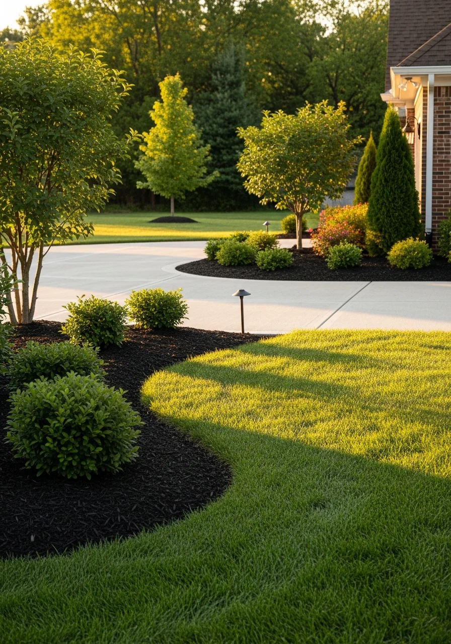 Paver patio and landscape installation at a Grove City, Ohio home with defined planting beds and clean edging