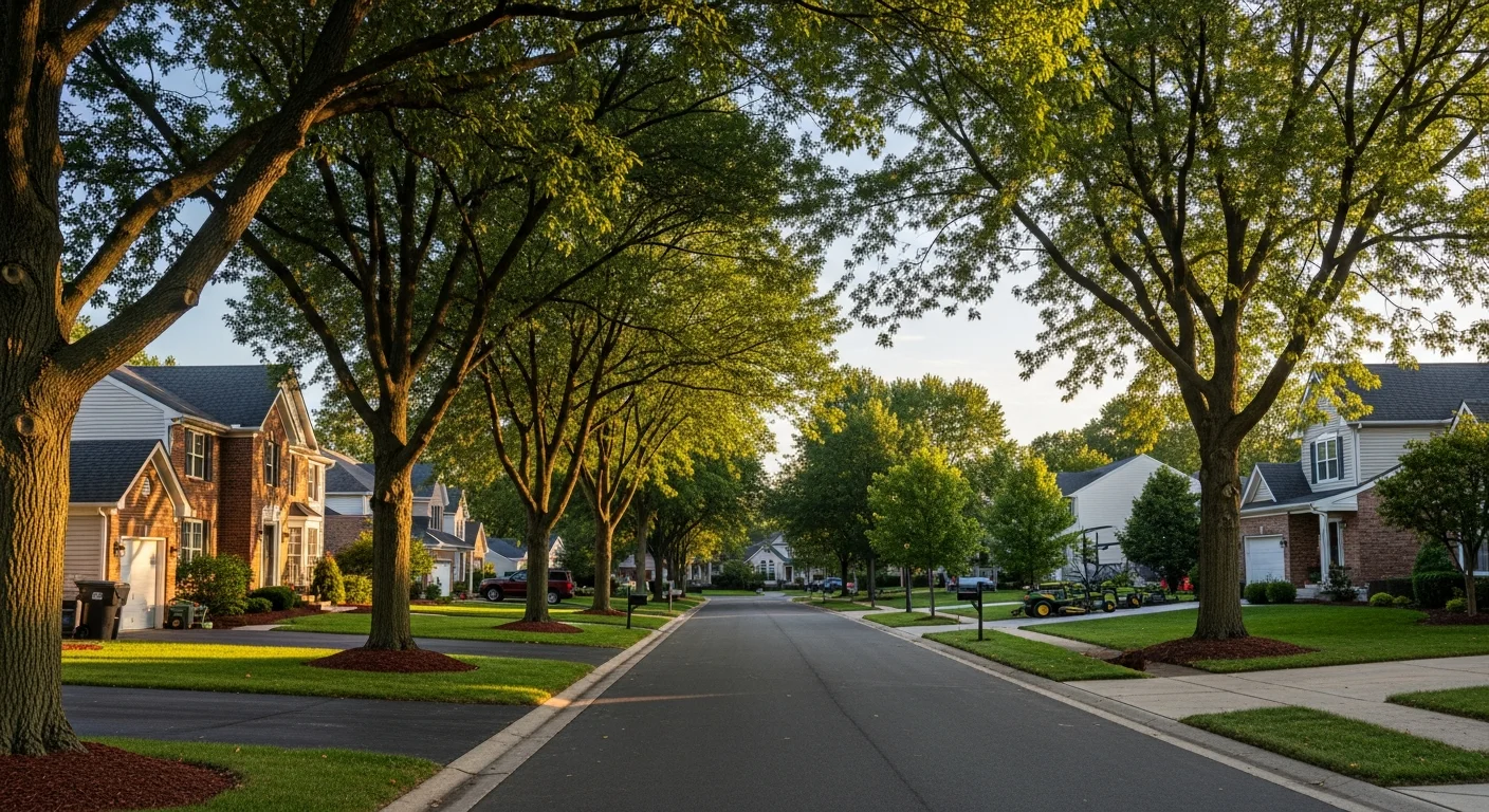 Residential neighborhood in Grove City, Ohio with mature trees and well-maintained lawns along a quiet street