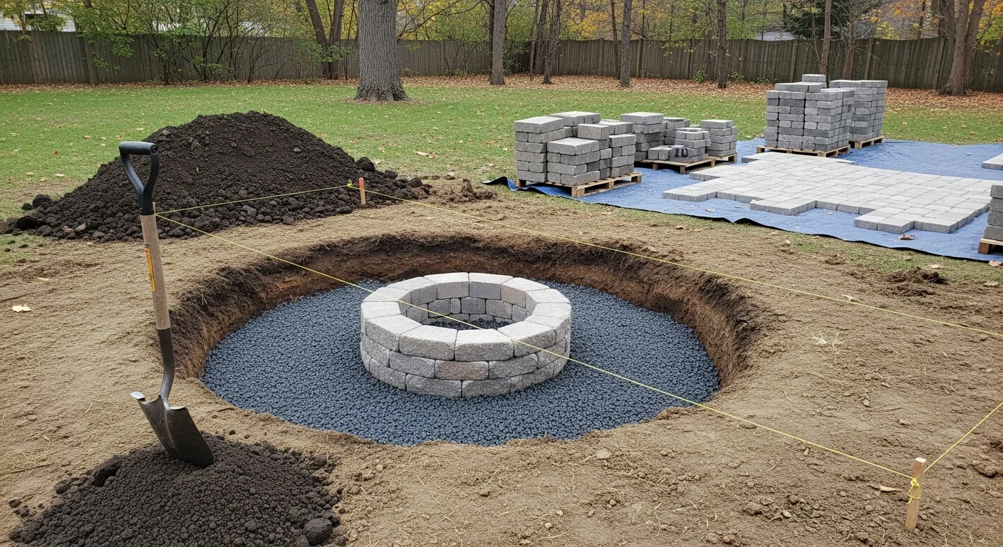 Paver fire pit installation in a Grove City, Ohio backyard with natural stone surround and seating area