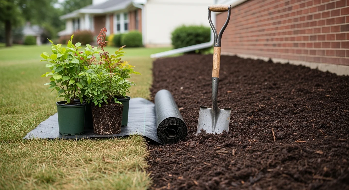 Landscape installation in progress at a Grove City, Ohio home with shrubs, perennials, and defined planting beds