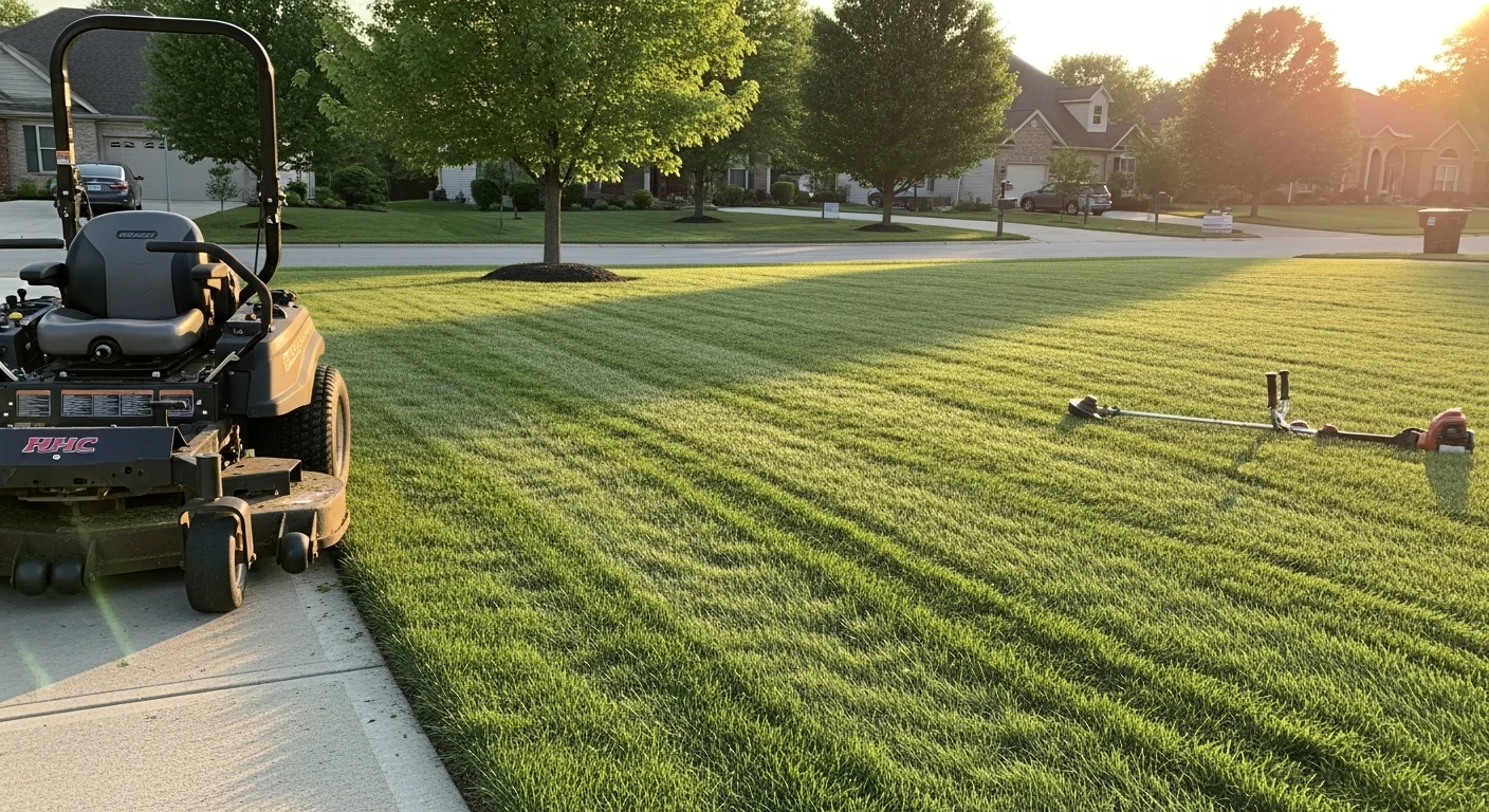 Lawn mowing service at a residential property in Hilliard, Ohio with clean stripes and trimmed edges