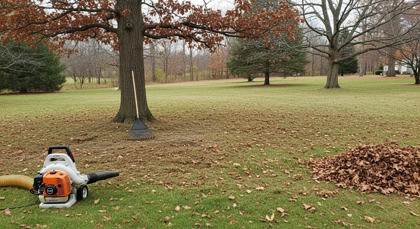 Leaf removal service clearing a yard in Grove City, Ohio in fall with bags and blowers