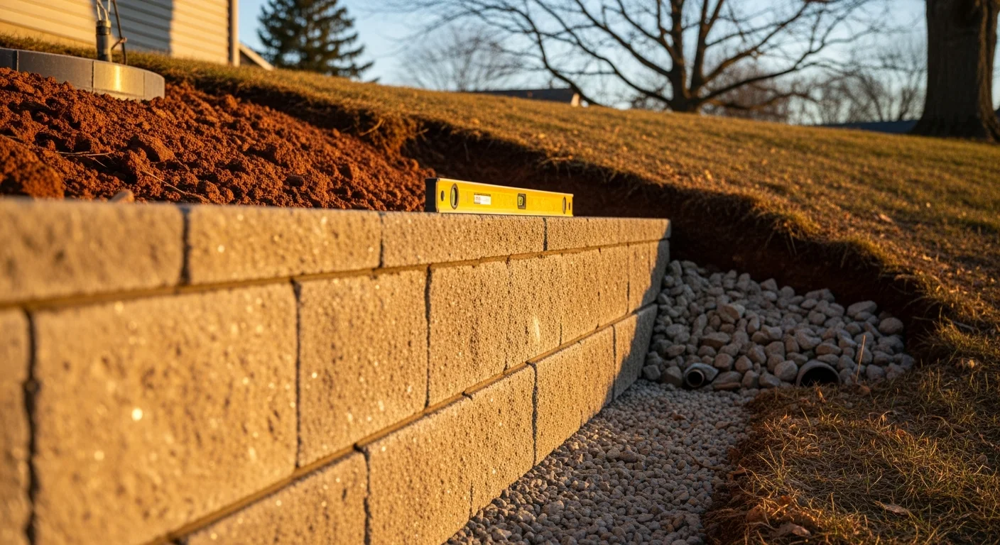 Retaining wall installation using segmental block at a Grove City, Ohio property to manage slope and erosion