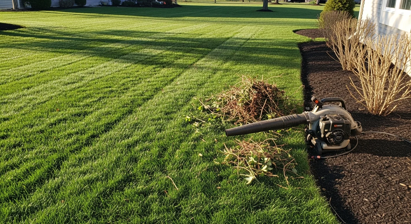 Seasonal cleanup service at a Grove City, Ohio home clearing winter debris and preparing planting beds for spring